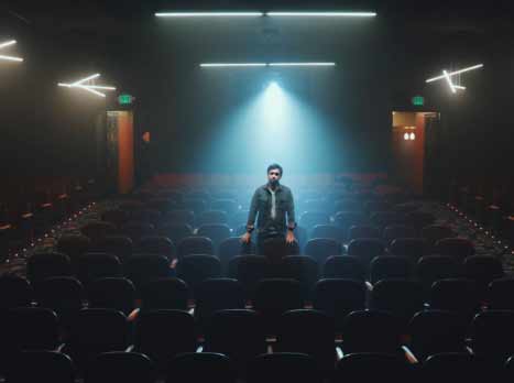 En man står mitt i stolsaderna i en tom teatersalong.