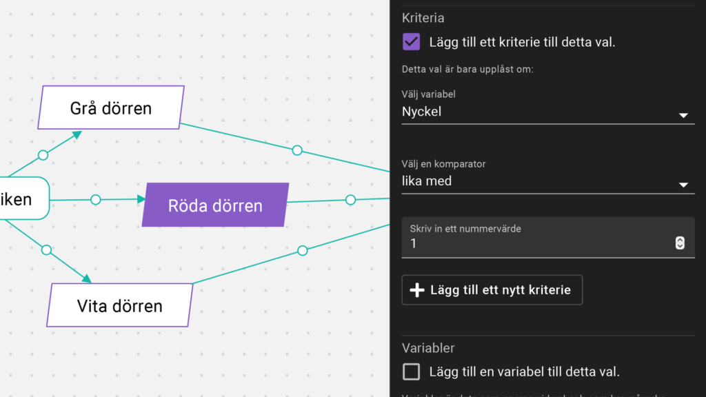 Skärmbild från app.techformance.se: fält för att ställa in kriterie till val
