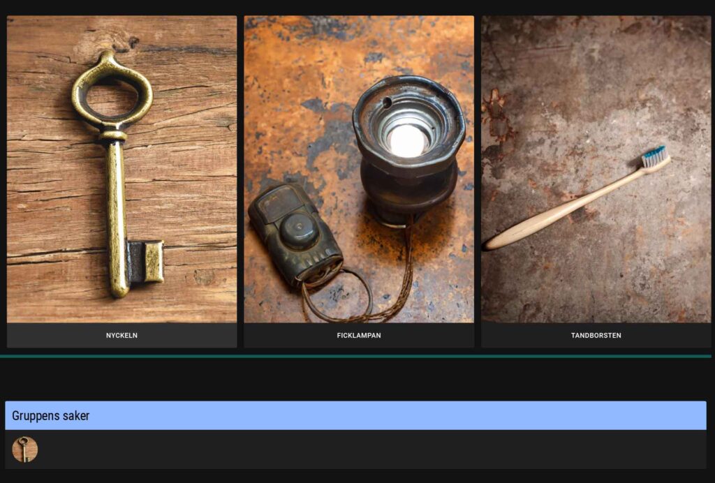 Skärmdump från webappen: bilder på en nyckel, en ficklampa och en tandborste.